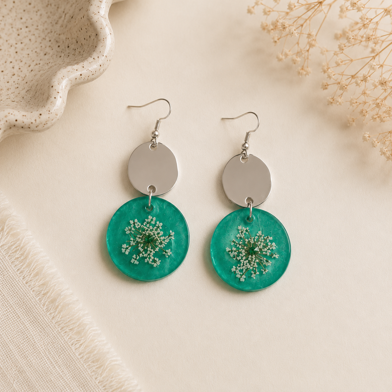 Handmade Aqua Botanical Drop Earrings | Pressed Flower Resin & Silver Statement Earrings