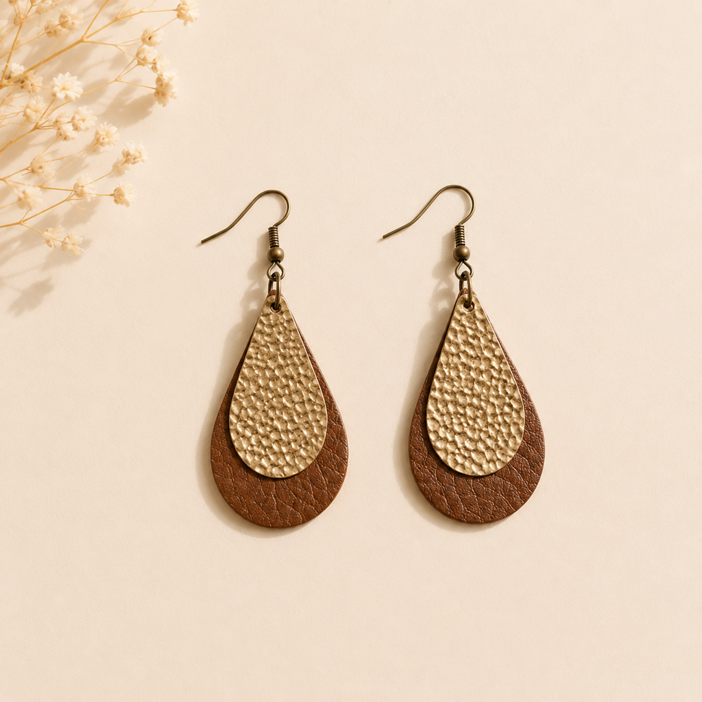 Handmade Layered Teardrop Earrings | Gold & Brown Lightweight Faux Leather Statement Earrings