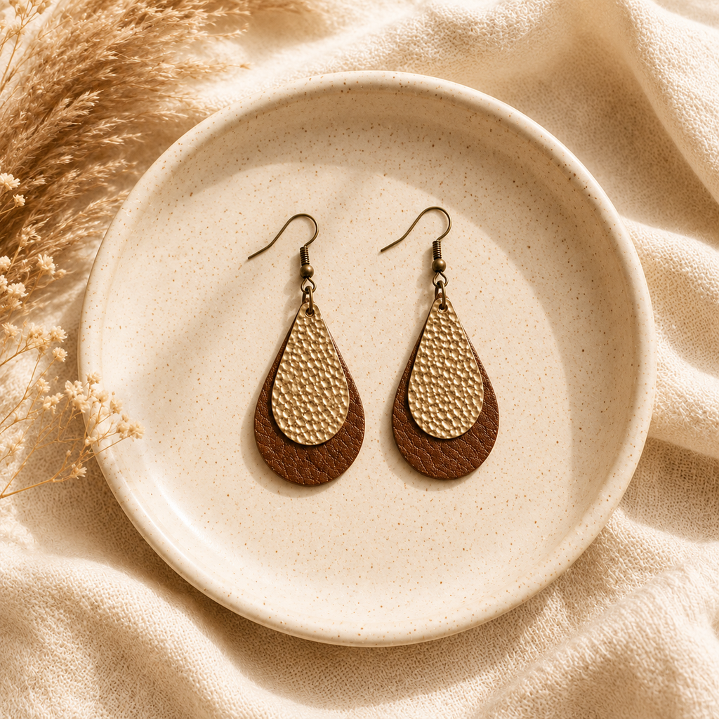 Handmade Layered Teardrop Earrings | Gold & Brown Lightweight Faux Leather Statement Earrings