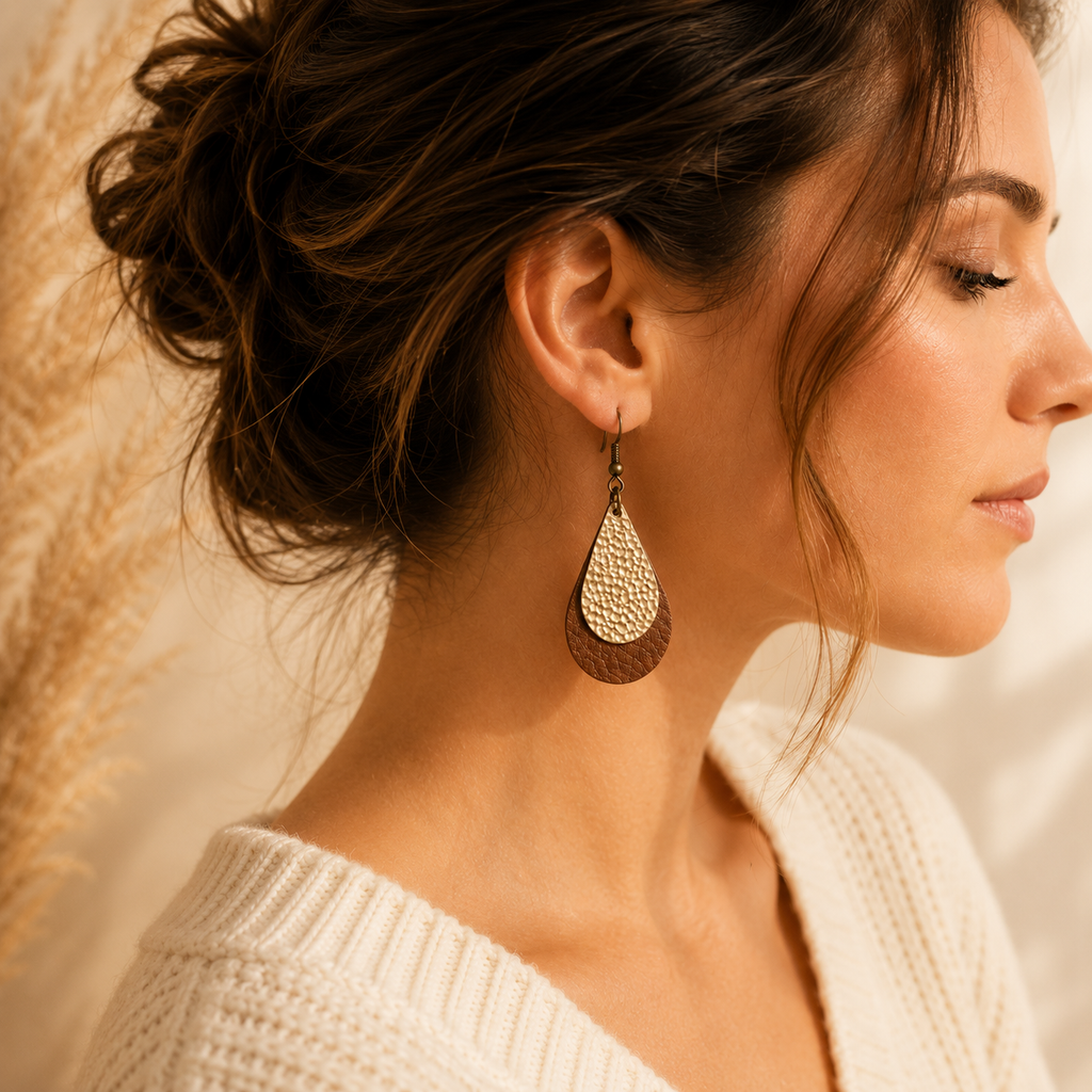 Handmade Layered Teardrop Earrings | Gold & Brown Lightweight Faux Leather Statement Earrings
