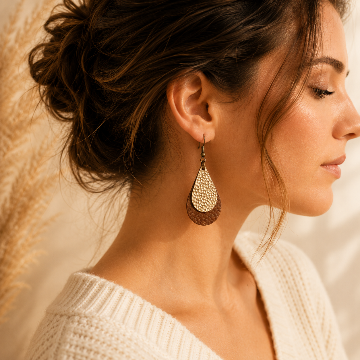 Handmade Layered Teardrop Earrings | Gold & Brown Lightweight Faux Leather Statement Earrings