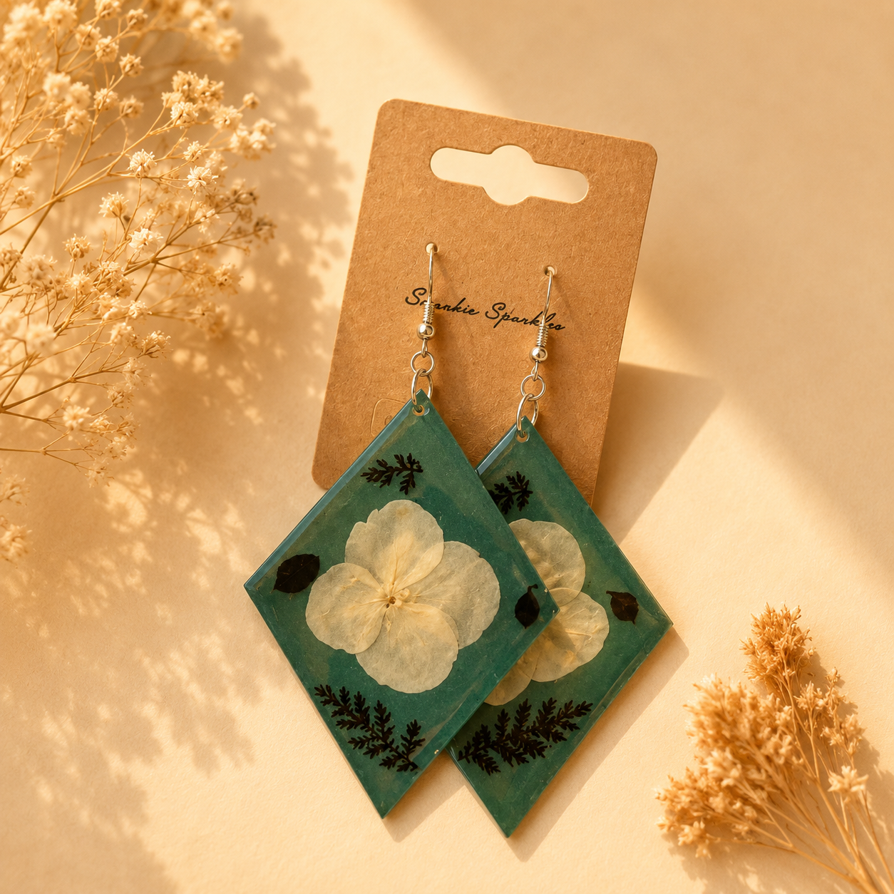 Handmade Teal Hydrangea Resin Earrings | Pressed Flower Diamond Statement Earrings