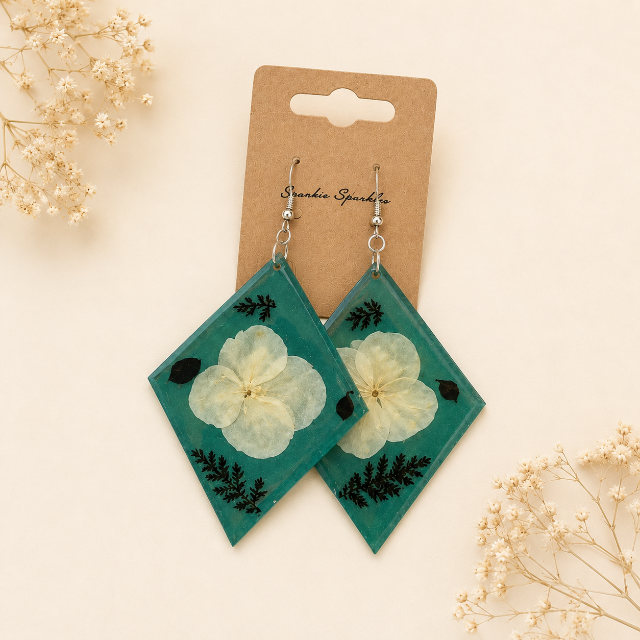 Handmade Teal Hydrangea Resin Earrings | Pressed Flower Diamond Statement Earrings
