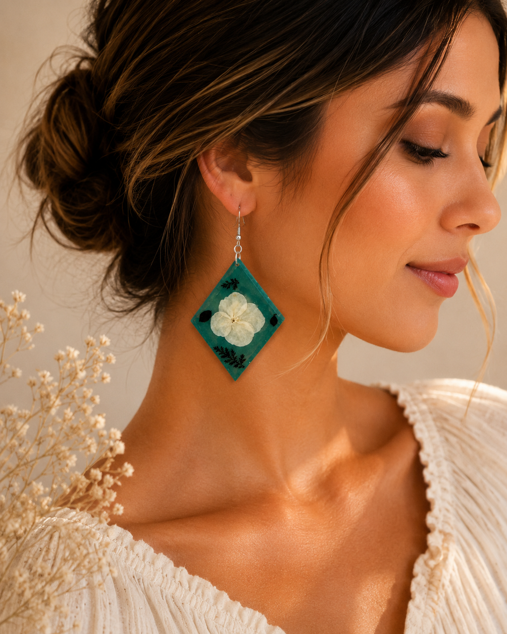 Handmade Teal Hydrangea Resin Earrings | Pressed Flower Diamond Statement Earrings