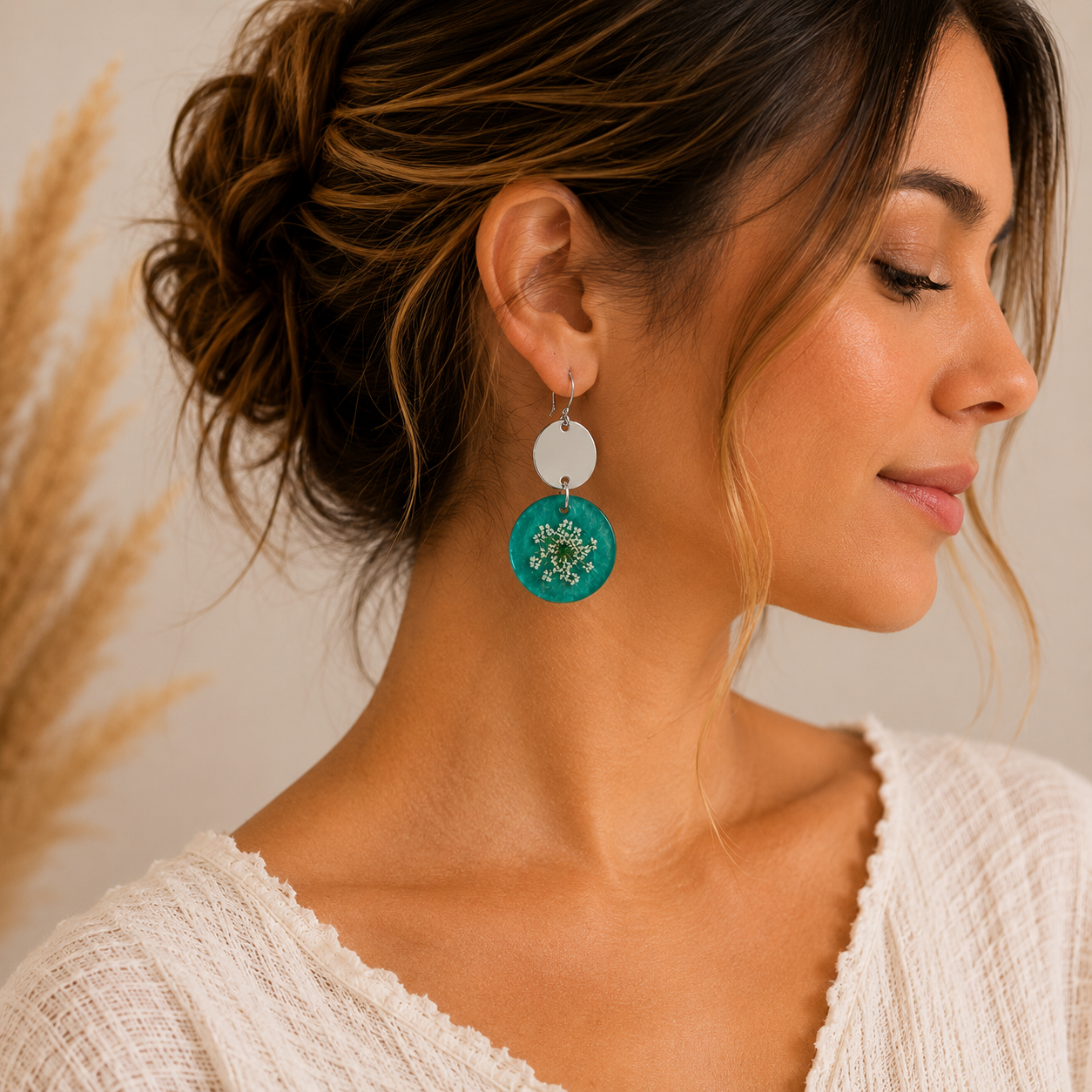 Handmade Aqua Botanical Drop Earrings | Pressed Flower Resin & Silver Statement Earrings