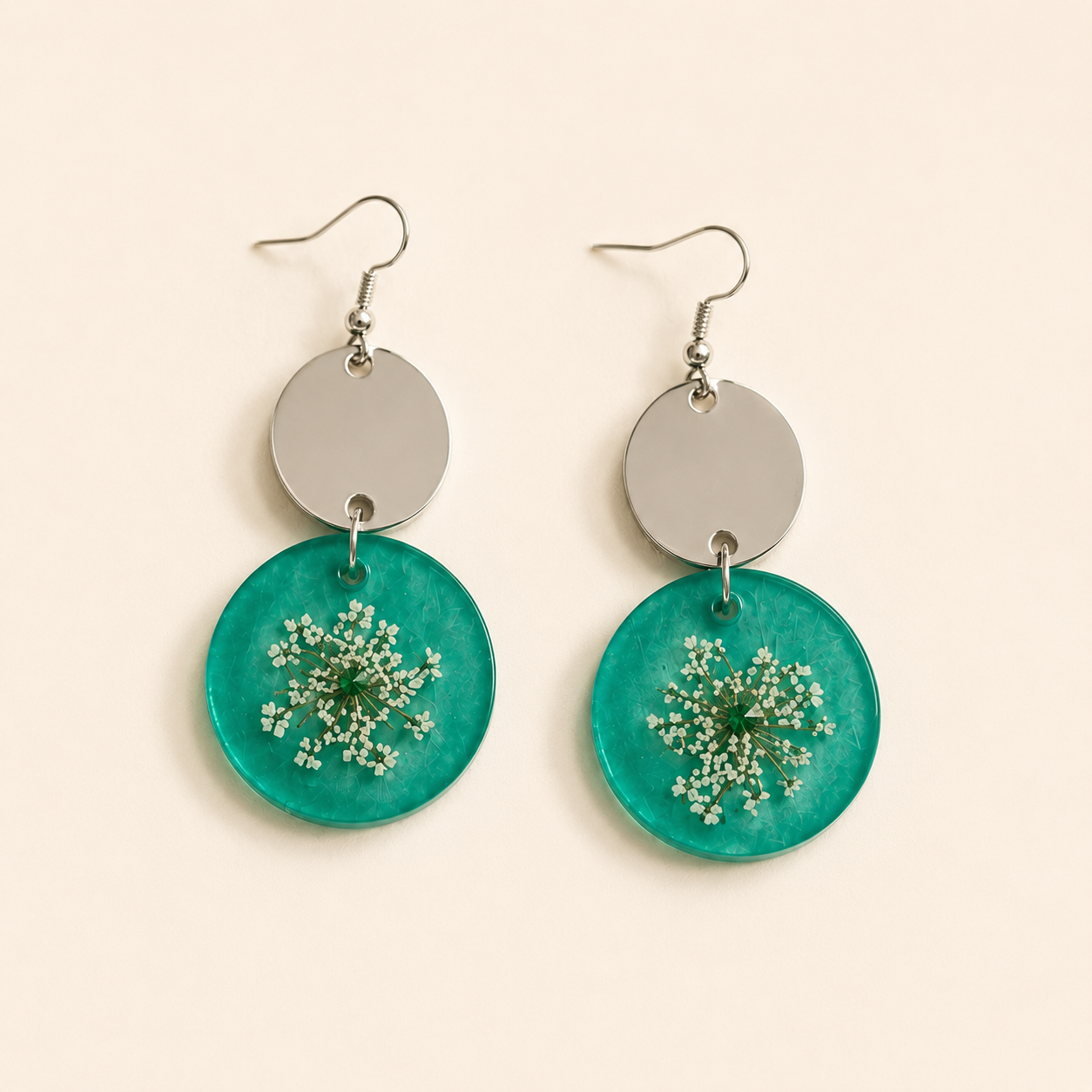 Handmade Aqua Botanical Drop Earrings | Pressed Flower Resin & Silver Statement Earrings