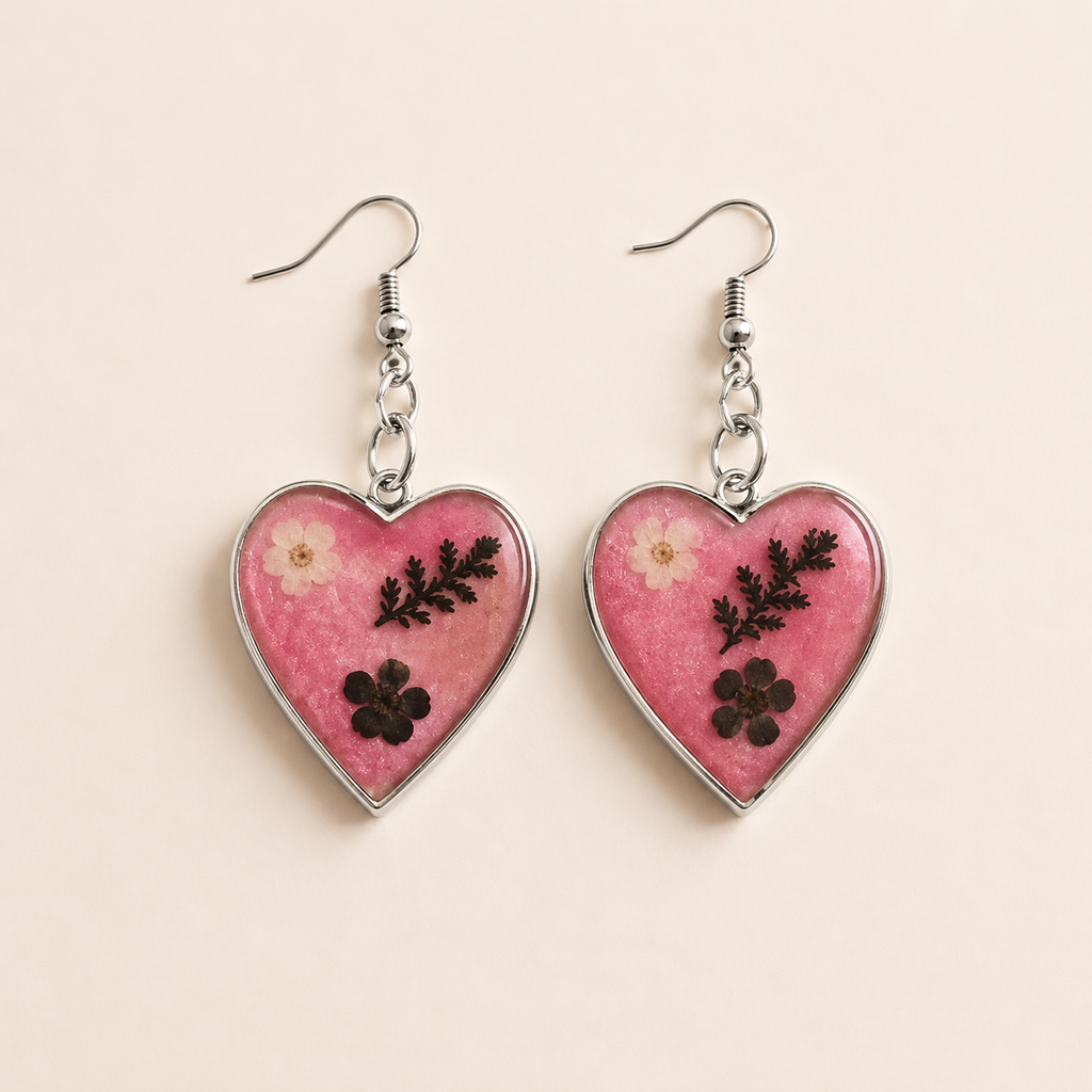 Handmade Pink Botanical Heart Earrings | Pressed Flower Resin Heart Dangle Earrings
