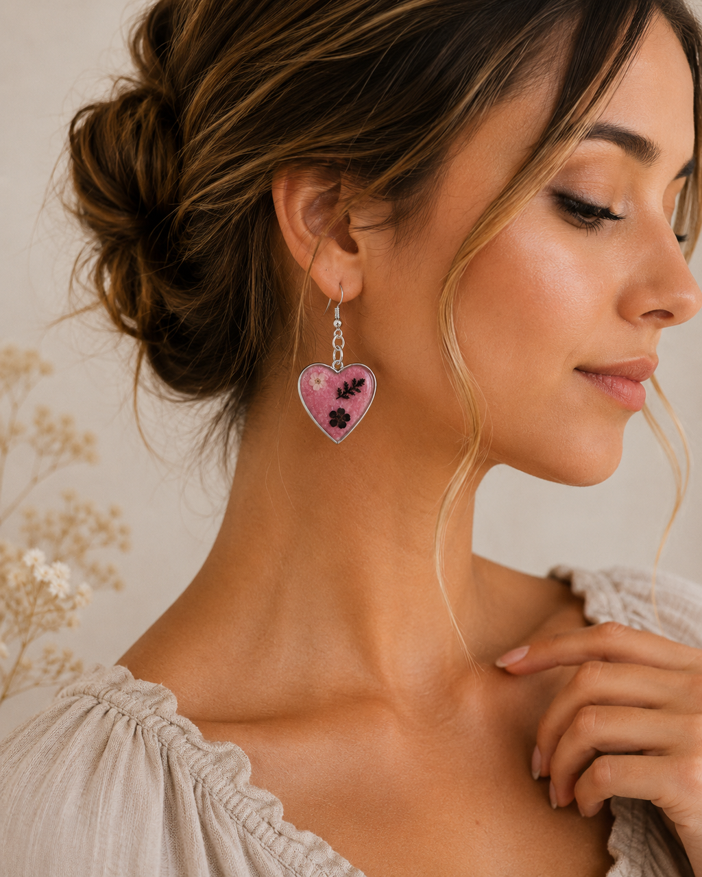 Handmade Pink Botanical Heart Earrings | Pressed Flower Resin Heart Dangle Earrings