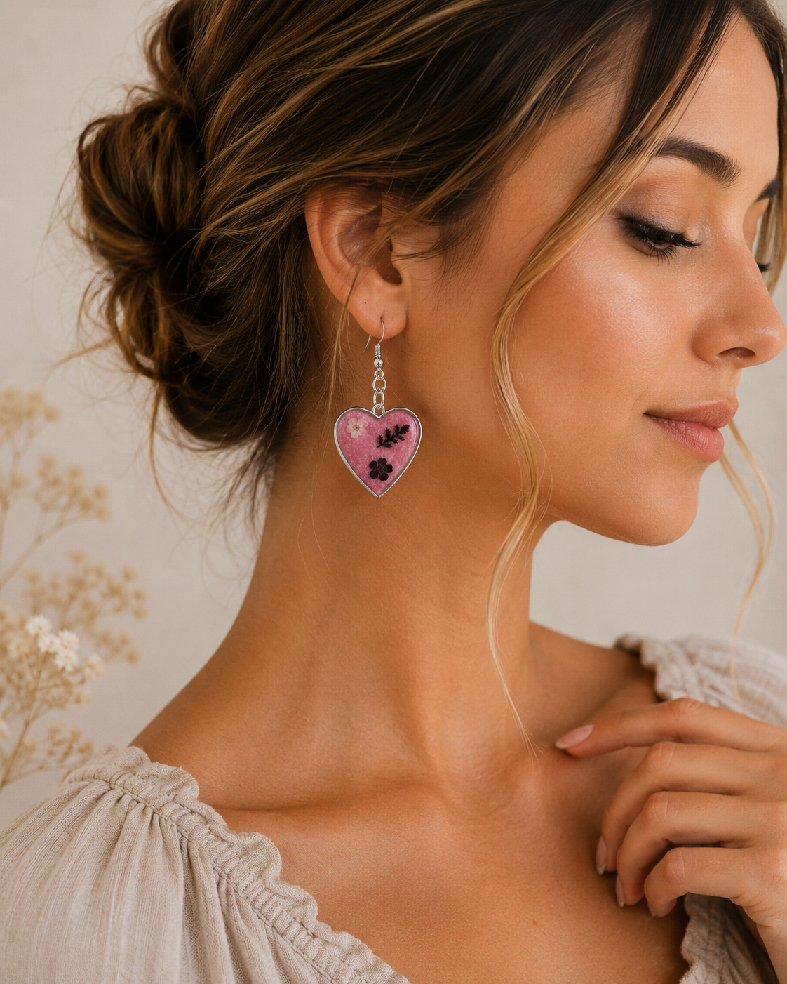 Handmade Pink Botanical Heart Earrings | Pressed Flower Resin Heart Dangle Earrings