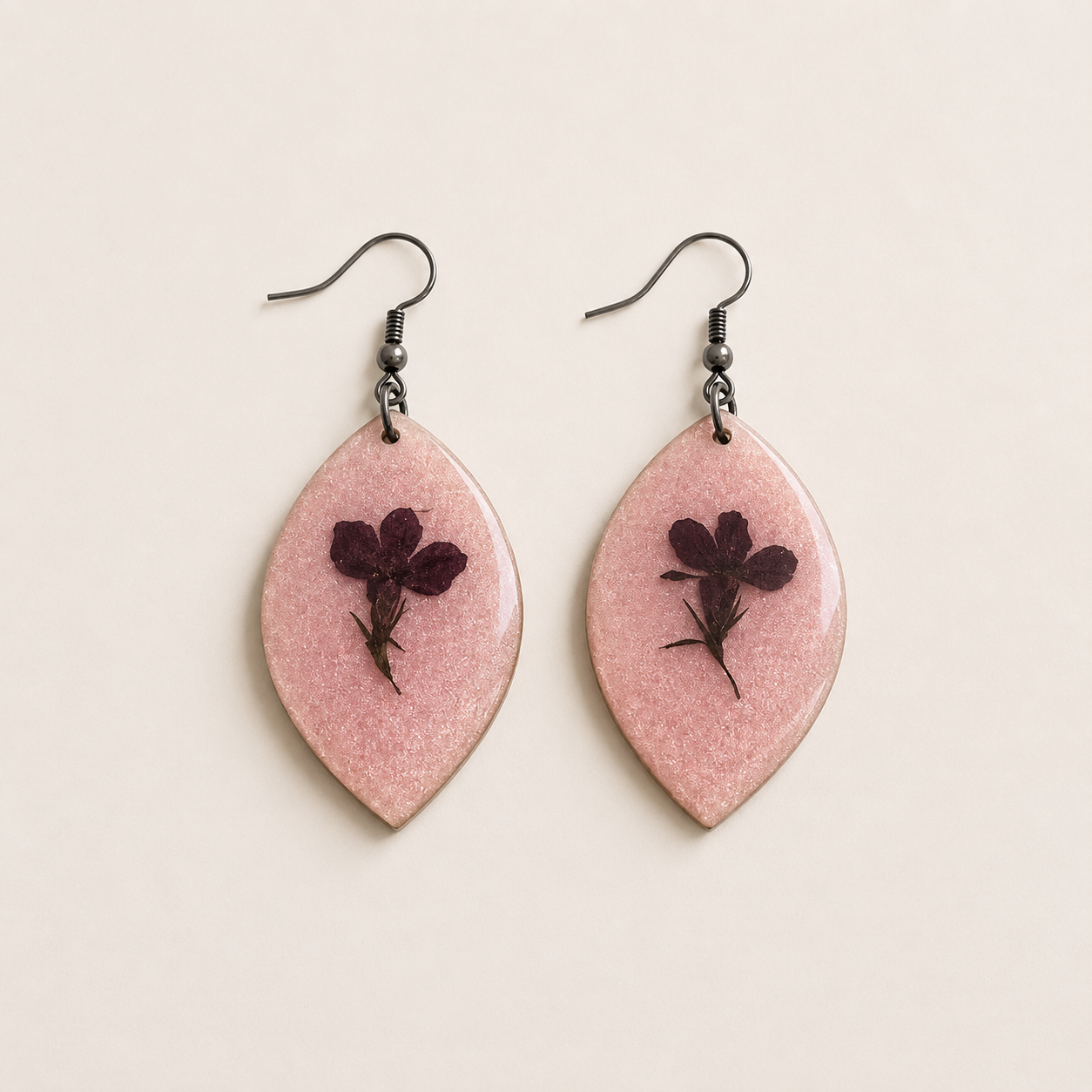 Handmade Blush Pink Botanical Leaf Earrings | Pressed Flower Resin Statement Earrings