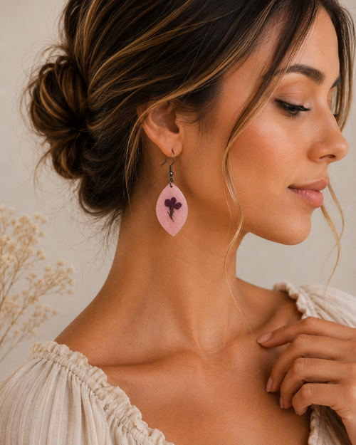 Handmade Blush Pink Botanical Leaf Earrings | Pressed Flower Resin Statement Earrings