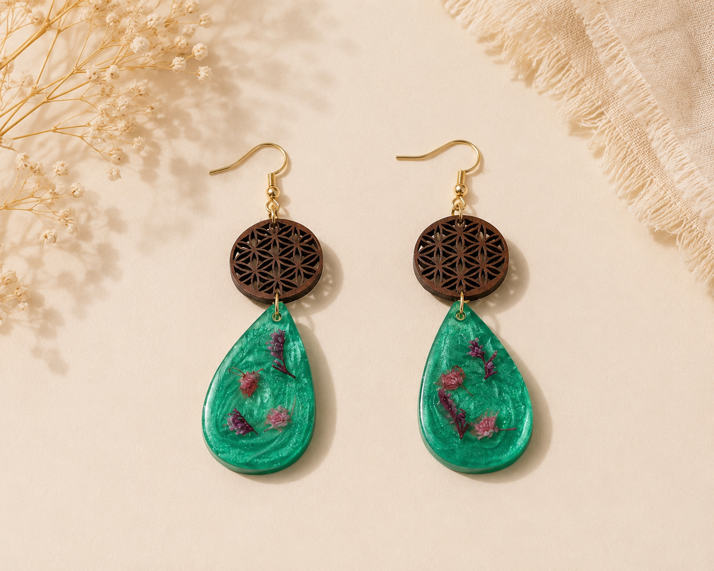 Handmade Emerald Botanical Teardrop Earrings | Pressed Flower Resin & Wood Statement Earrings