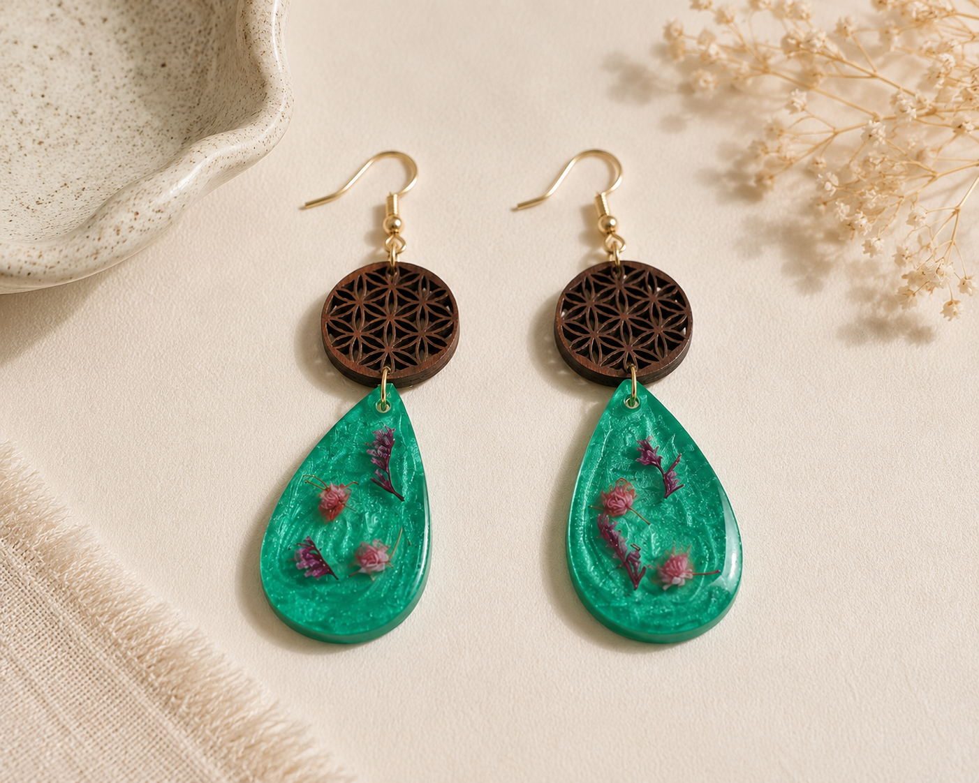 Handmade Emerald Botanical Teardrop Earrings | Pressed Flower Resin & Wood Statement Earrings