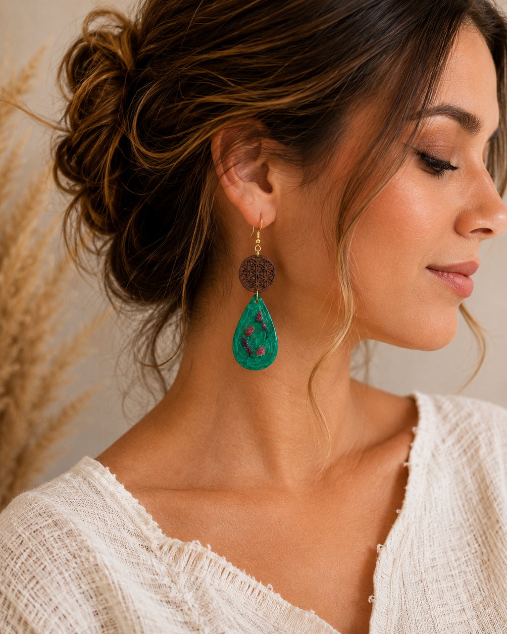Handmade Emerald Botanical Teardrop Earrings | Pressed Flower Resin & Wood Statement Earrings