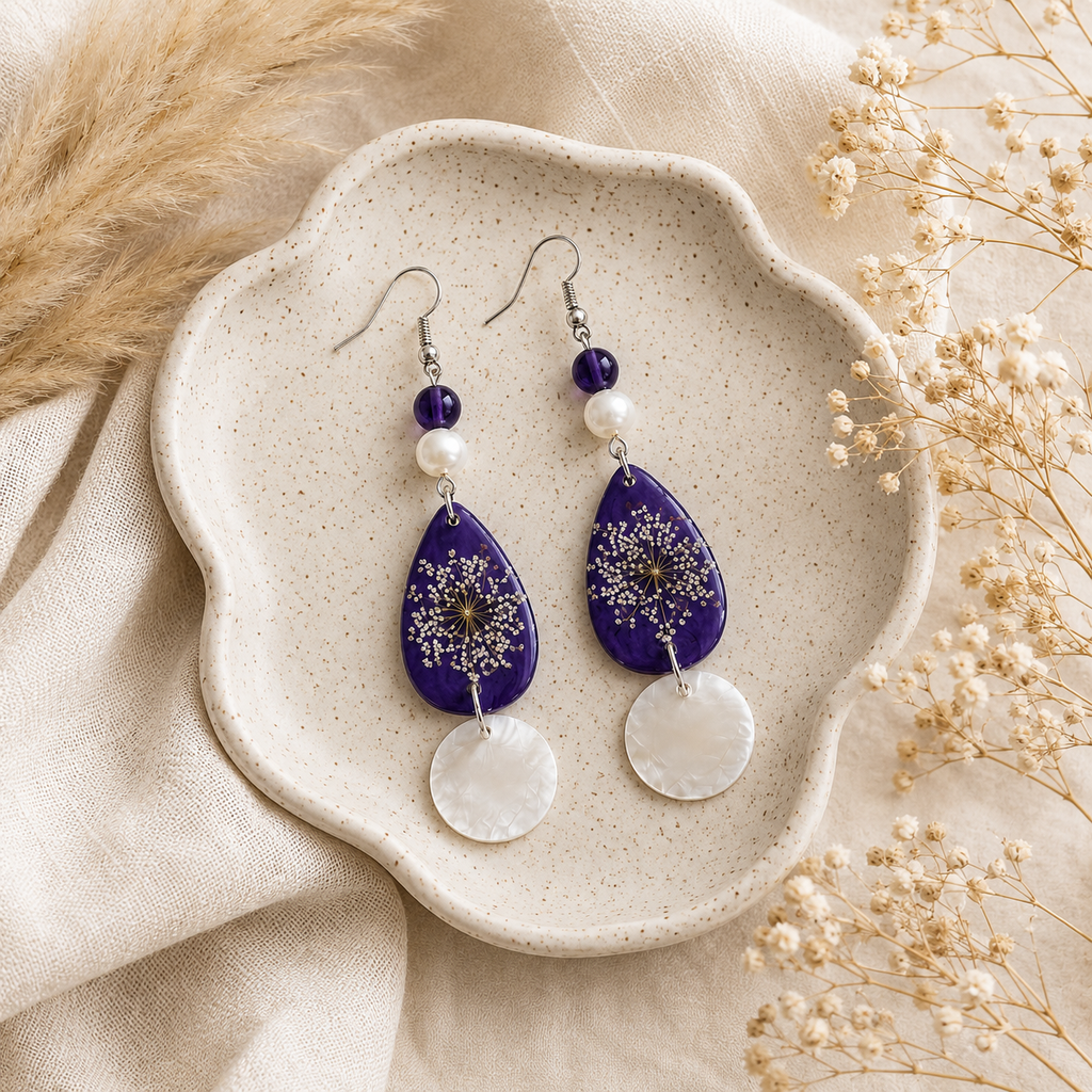 Handmade Purple Botanical Statement Earrings | Pressed Flower Resin, Pearl & Mother of Pearl Dangle Earrings