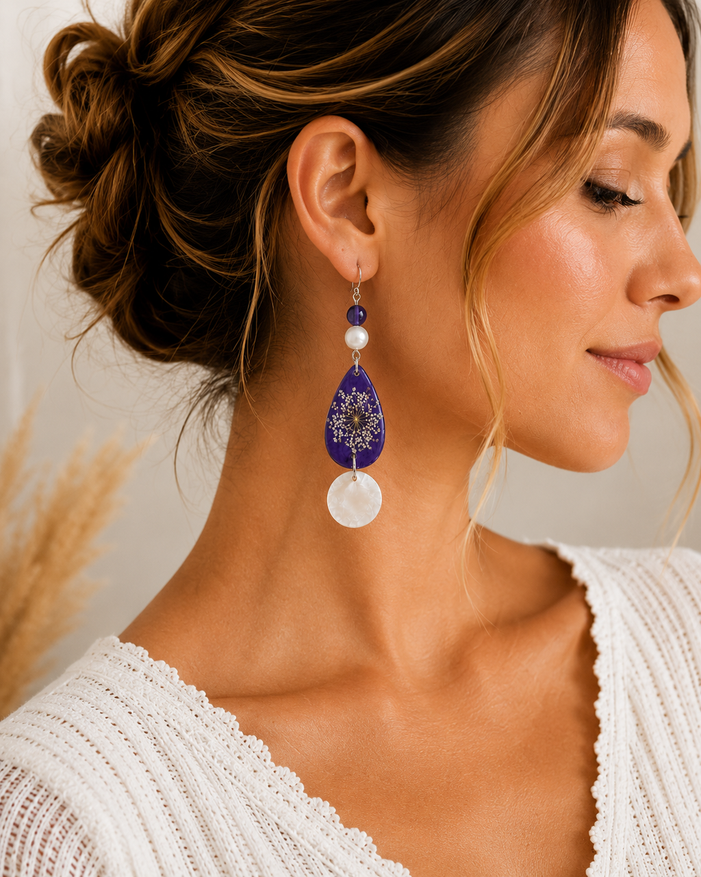 Handmade Purple Botanical Statement Earrings | Pressed Flower Resin, Pearl & Mother of Pearl Dangle Earrings