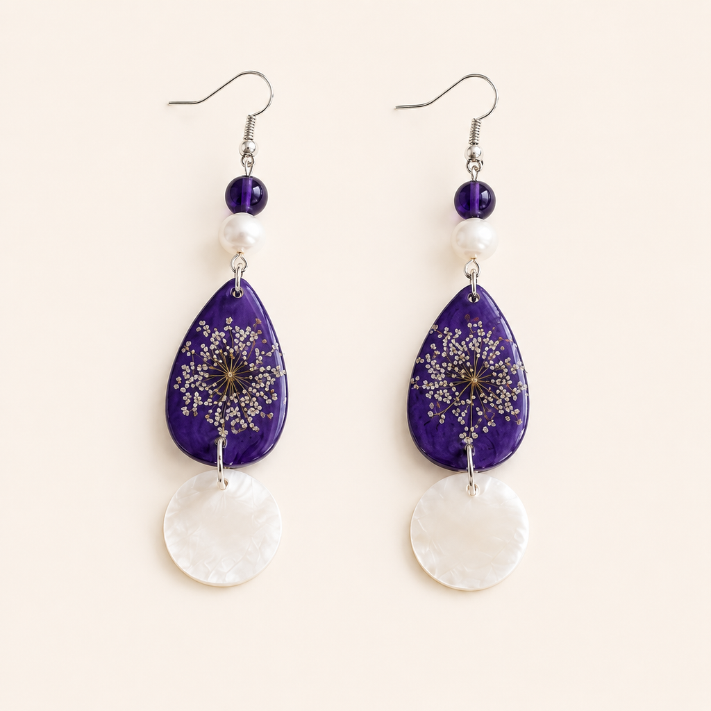 Handmade Purple Botanical Statement Earrings | Pressed Flower Resin, Pearl & Mother of Pearl Dangle Earrings