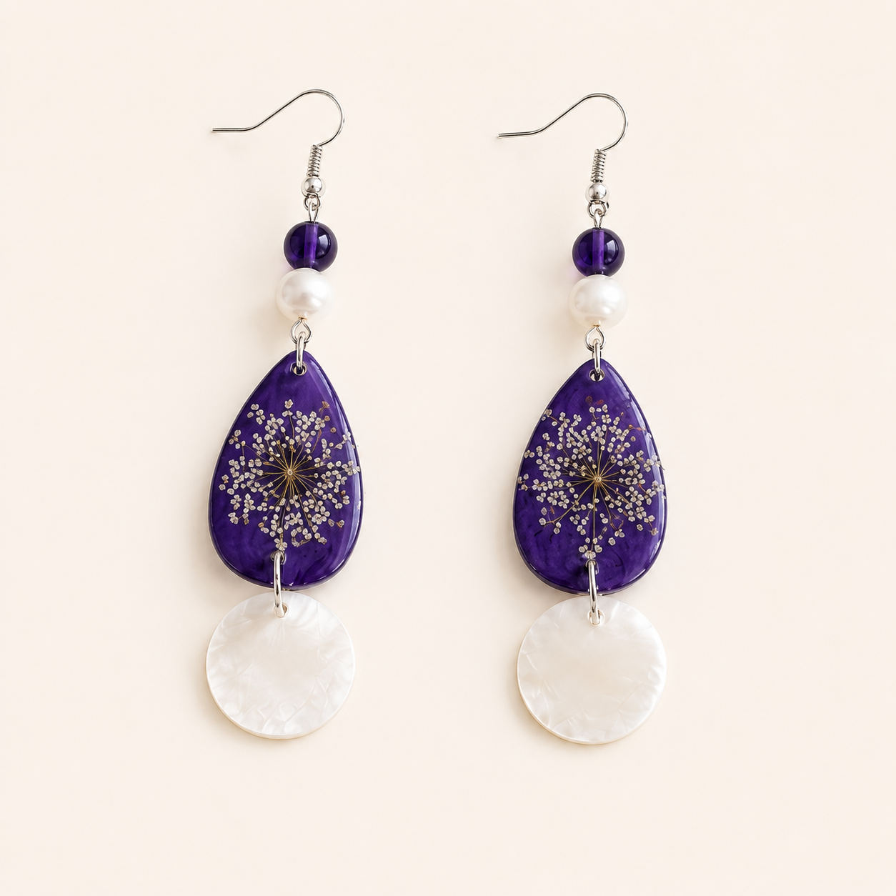Handmade Purple Botanical Statement Earrings | Pressed Flower Resin, Pearl & Mother of Pearl Dangle Earrings