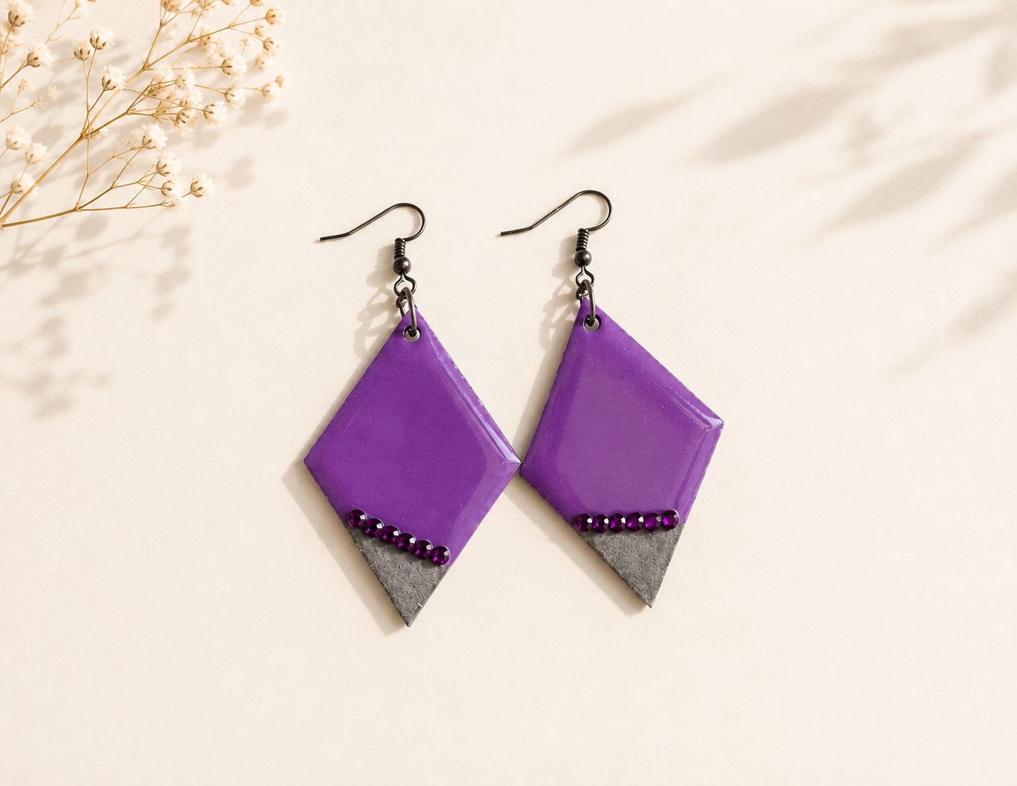 Handmade Purple Geometric Statement Earrings | Lightweight Diamond Dangle Earrings