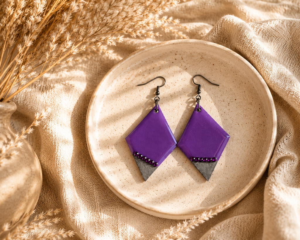 Handmade Purple Geometric Statement Earrings | Lightweight Diamond Dangle Earrings