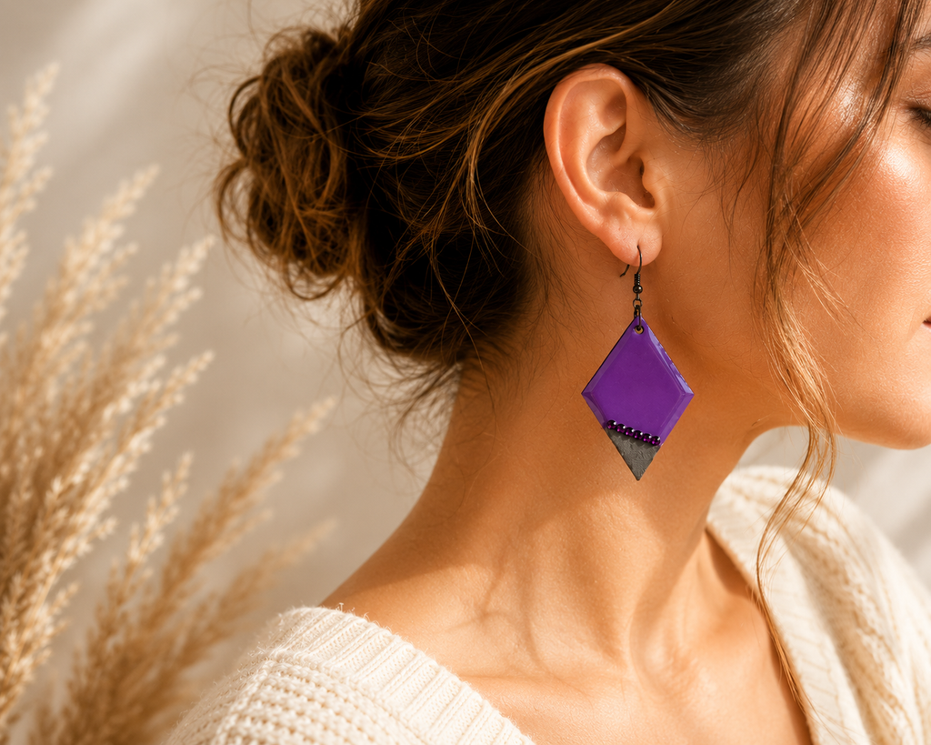 Handmade Purple Geometric Statement Earrings | Lightweight Diamond Dangle Earrings