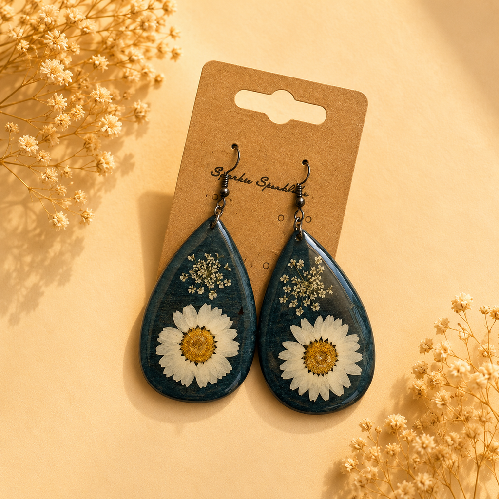 Handmade Ocean Blue Daisy Earrings | Pressed Flower Resin Teardrop Statement Earrings