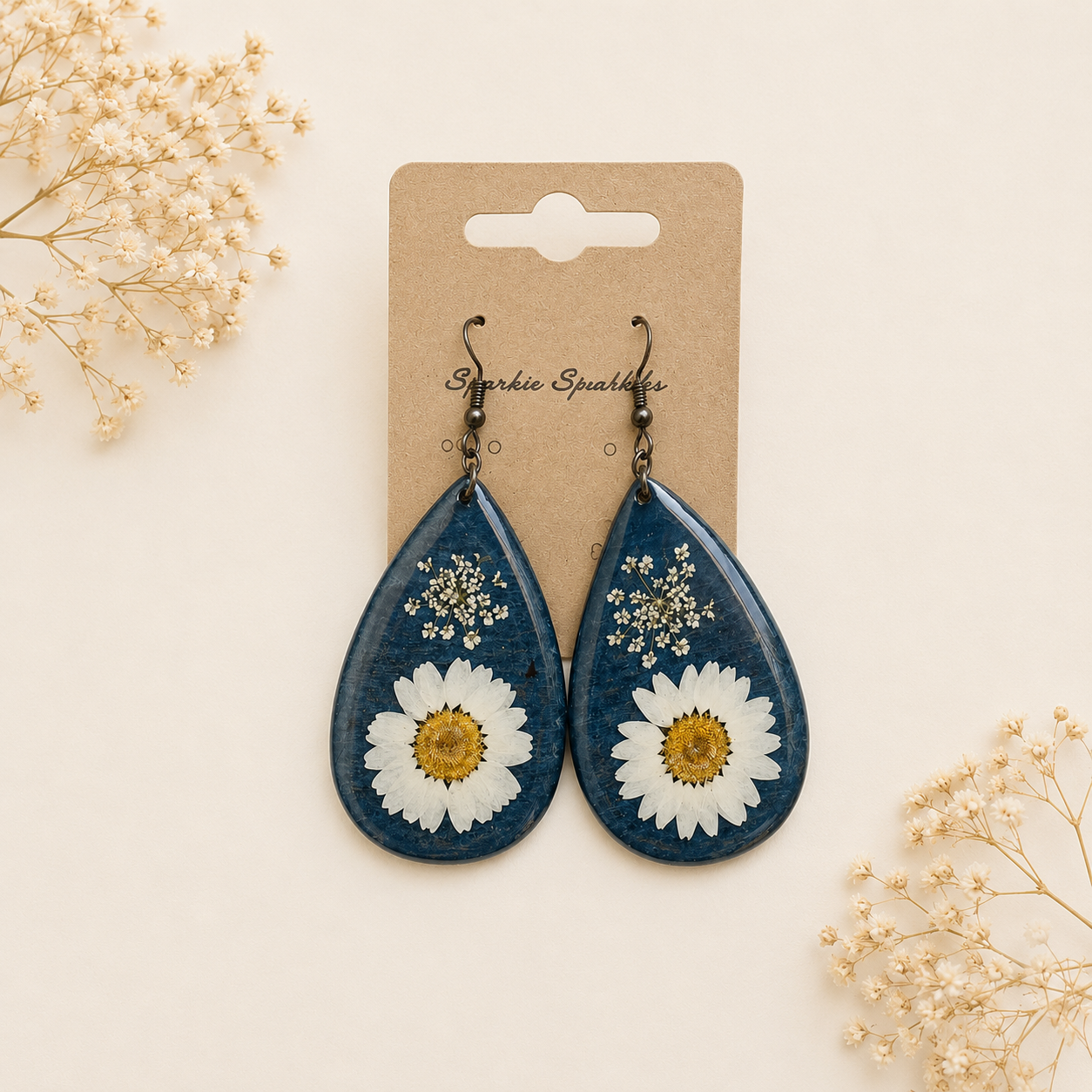 Handmade Ocean Blue Daisy Earrings | Pressed Flower Resin Teardrop Statement Earrings