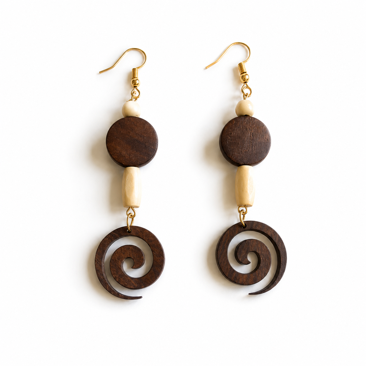 Boho Wooden Spiral Drop Earrings | Lightweight Handmade Statement Earrings