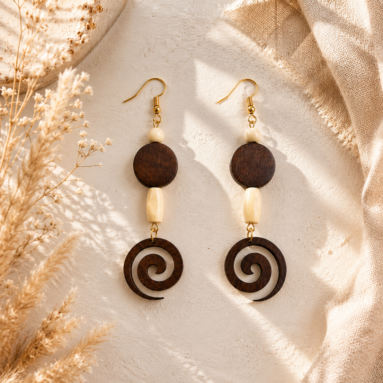 Boho Wooden Spiral Drop Earrings | Lightweight Handmade Statement Earrings