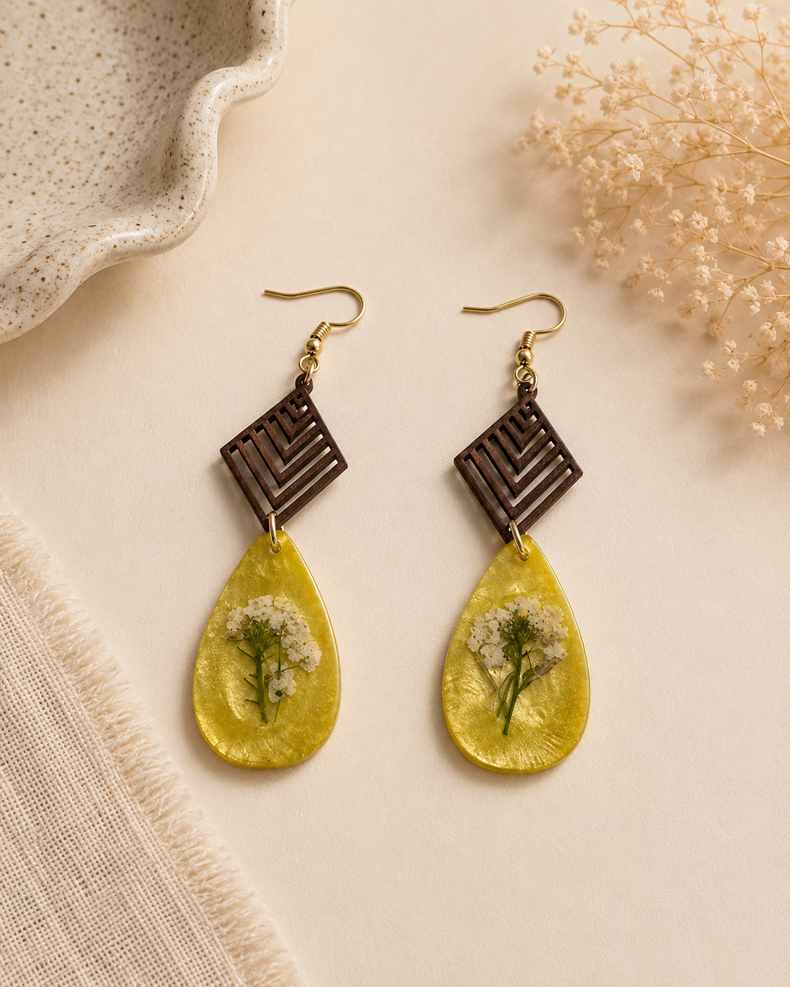 Handmade Yellow Botanical Teardrop Earrings | Pressed Flower Resin & Geometric Wood Statement Earrings
