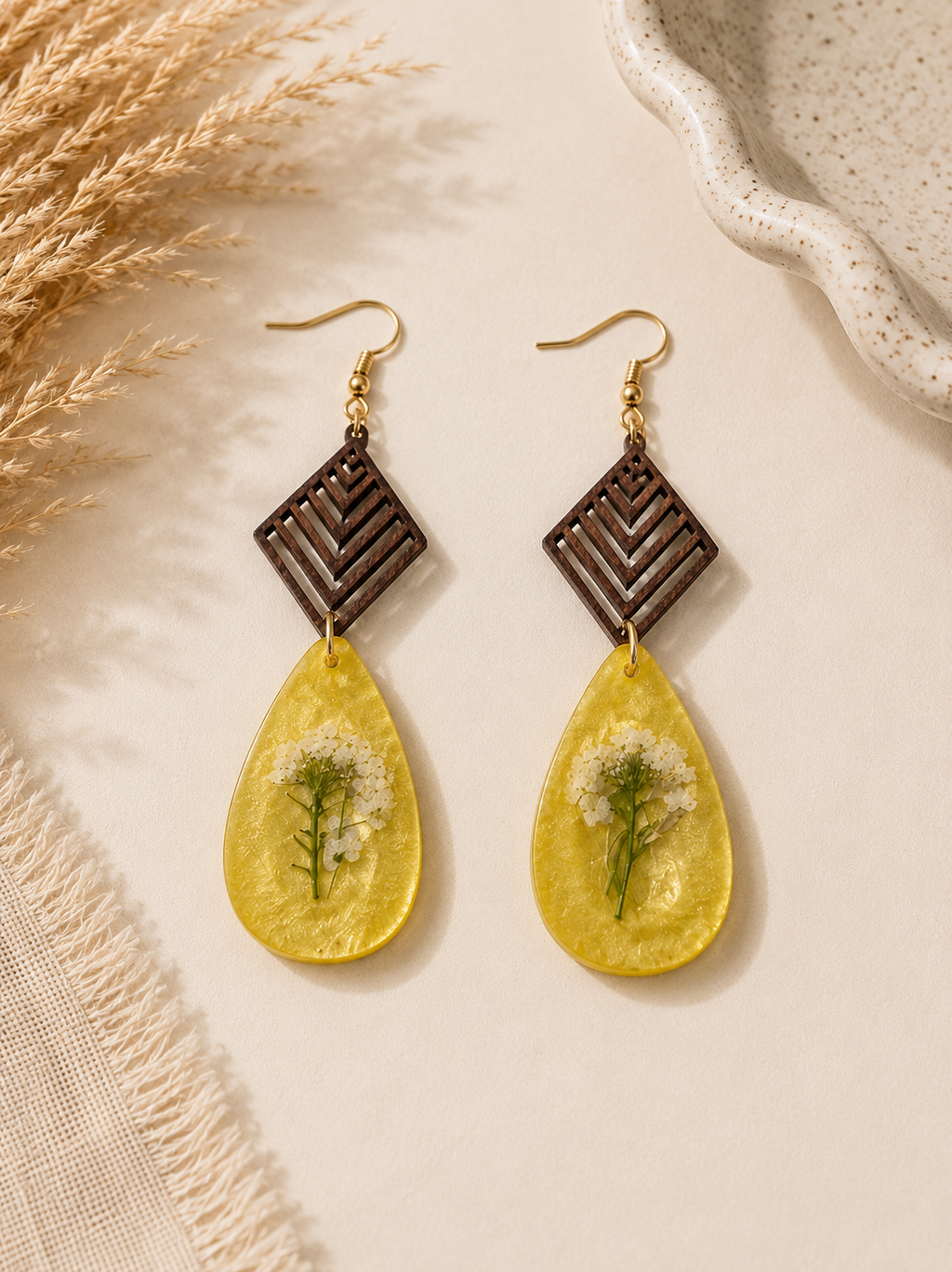 Handmade Yellow Botanical Teardrop Earrings | Pressed Flower Resin & Geometric Wood Statement Earrings