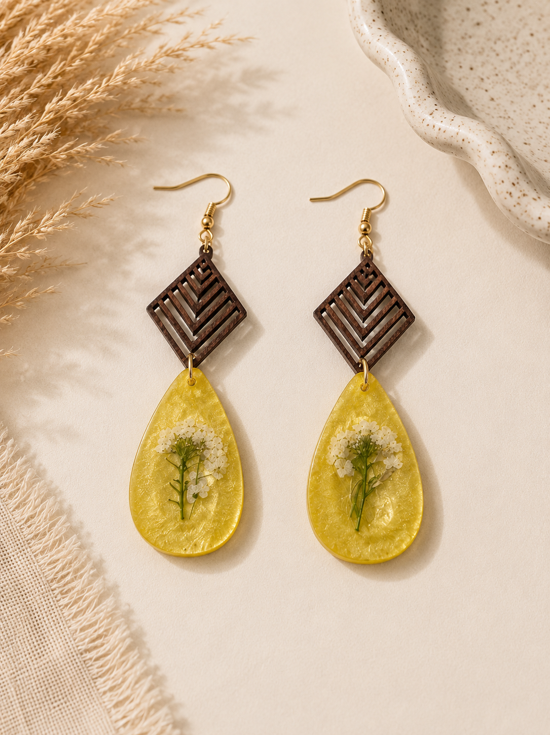 Handmade Yellow Botanical Teardrop Earrings | Pressed Flower Resin & Geometric Wood Statement Earrings