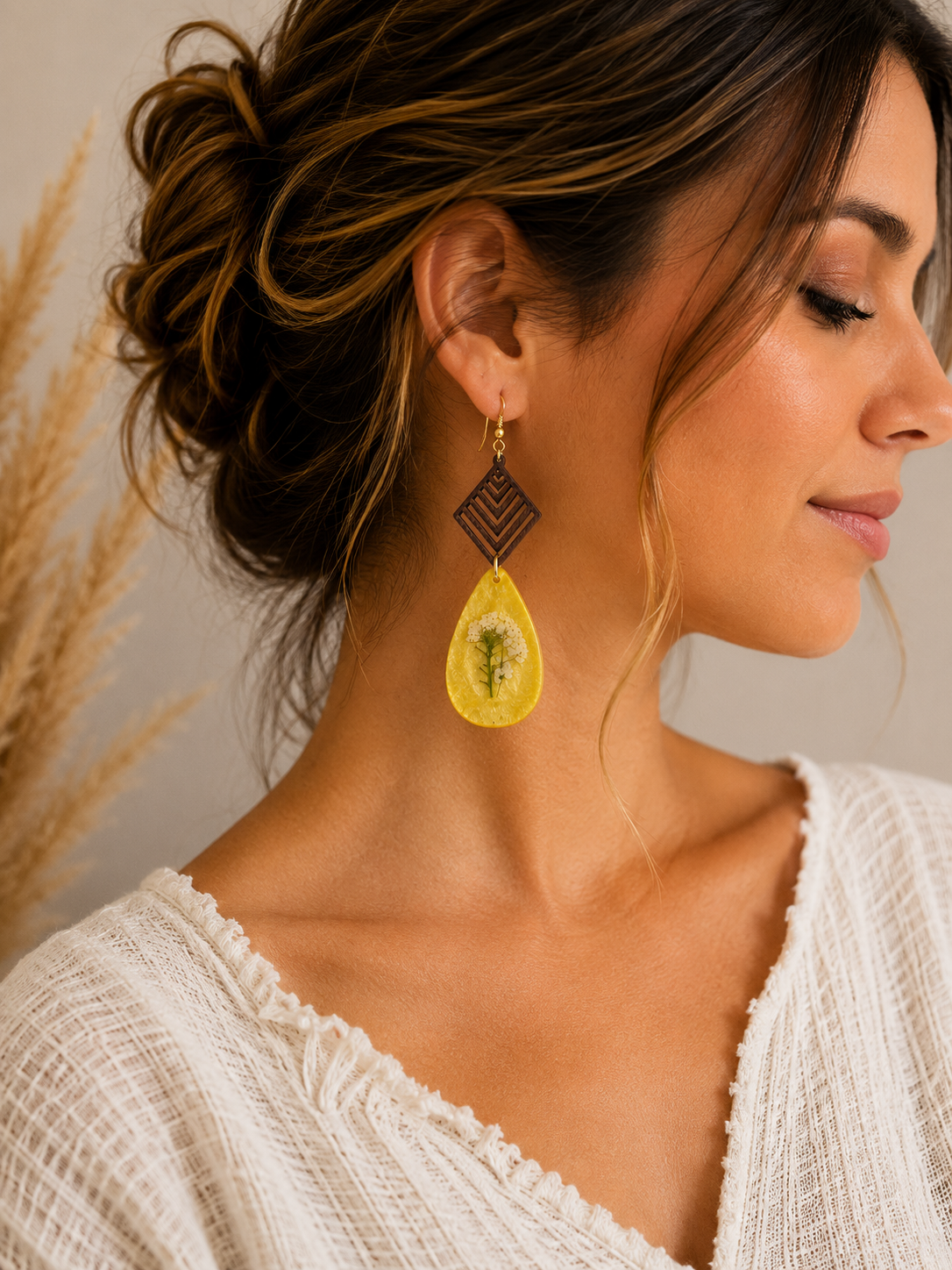 Handmade Yellow Botanical Teardrop Earrings | Pressed Flower Resin & Geometric Wood Statement Earrings
